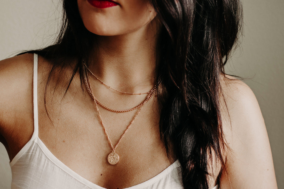 layered necklace set on model showing length spacing